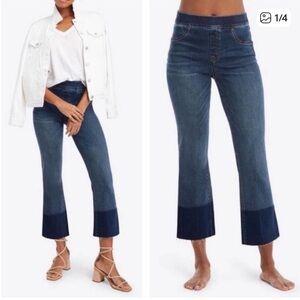 Spanx Cropped Flare Denim Jeans Medium Wash Dip Dye Hem Blue Size
Large